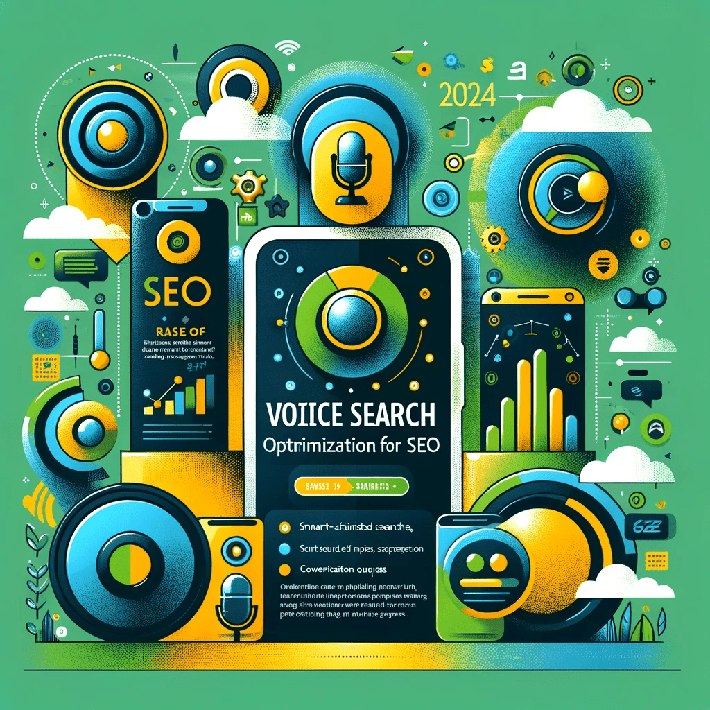 This infographic is focused on Voice Search Optimization for 2024, illustrating the rise of voice-activated searches. 